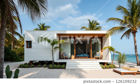 Coastal retreat features modern design with palm trees and ocean view during sunny afternoon Coastal retreat features modern design with palm trees and ocean view during sunny afternoon 126109232