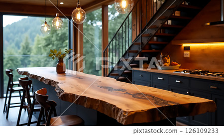 Cozy wooden kitchen with natural lighting and elegant decor in a modern cabin setting 126109233