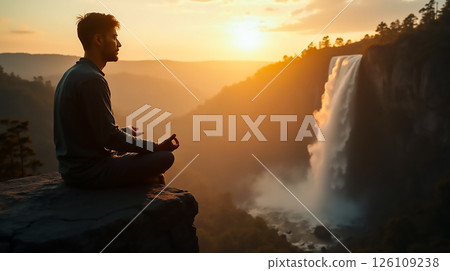 Meditation at sunset near a waterfall with breathtaking views of natures beauty 126109238