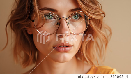 Young woman with stylish glasses poses in soft lighting, highlighting her expressive features and modern hairstyle Young woman with stylish glasses poses in soft lighting, highlighting her expressive features and modern hairstyle 126109244