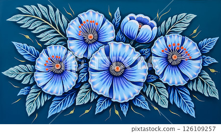 Beautiful blue flowers with intricate details and vibrant leaves displayed on a solid backdrop create a stunning visual effect 126109257