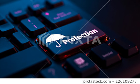 Keyboard close-up showcasing a key with an umbrella symbol representing protection in digital environments 126109275
