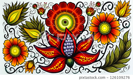 Bright floral pattern with intricate designs showcasing vibrant flowers and leaves 126109276