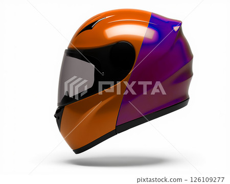 Unique racing helmet design featuring orange and purple colors with aerodynamic shape showcased against a plain background 126109277