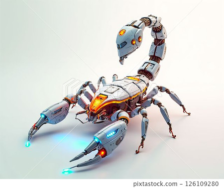 Robotic scorpion with advanced features and intricate design displayed on a neutral background Robotic scorpion with advanced features and intricate design displayed on a neutral background 126109280