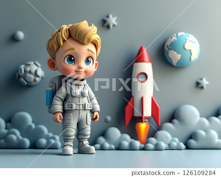 Cute young astronaut standing next to a colorful rocket in a whimsical space-themed environment Cute young astronaut standing next to a colorful rocket in a whimsical space-themed environment 126109284