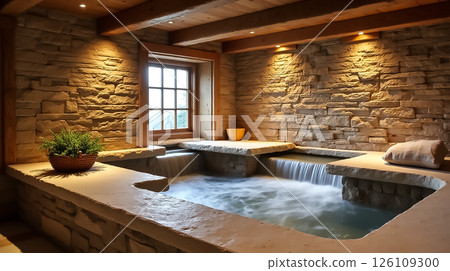 Relaxing spa interior with water features and stone walls in a cozy setting during evening Relaxing spa interior with water features and stone walls in a cozy setting during evening 126109300