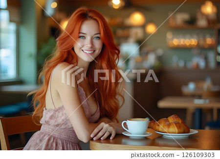 Smiling woman with red hair enjoys a coffee and croissant in a cozy cafe during the morning hours Smiling woman with red hair enjoys a coffee and croissant in a cozy cafe during the morning hours 126109303