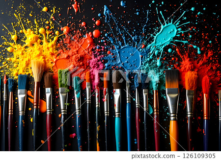 Colorful paint splashes surround a collection of artist brushes against a dark background in a creative workspace Colorful paint splashes surround a collection of artist brushes against a dark background in a creative workspace 126109305