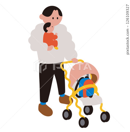 一位父親抱著嬰兒，推著嬰兒車 126109327