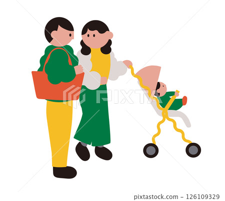 Family pushing a stroller and walking Family pushing a stroller and walking 126109329