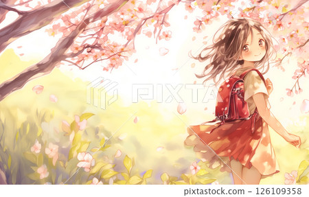 A girl with her hair blowing in the wind as cherry blossoms bloom 126109358