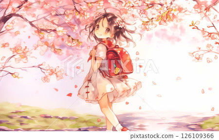 櫻花盛開，女孩的頭髮隨風飄揚 126109366