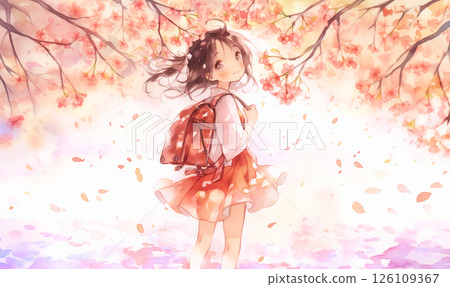 櫻花盛開，女孩的頭髮隨風飄揚 126109367