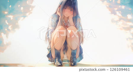 A girl squatting down to check out the situation 126109461