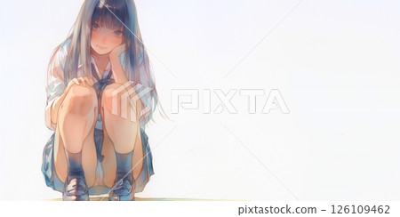 A girl squatting down to check out the situation 126109462