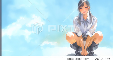 A girl squatting down to check out the situation 126109476