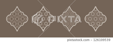 Elegant Islamic window designs featuring intricate geometric patterns and shapes Elegant Islamic window designs featuring intricate geometric patterns and shapes 126109539