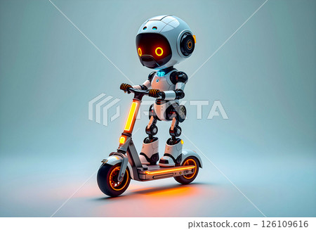 Robot rides electric scooter in futuristic setting at a creative technology exhibition 126109616