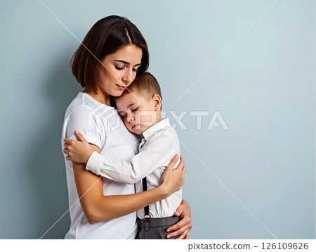 Mother gently embraces her sleeping child in a serene indoor setting 126109626