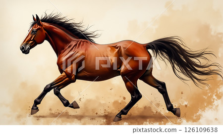 Brown horse running gracefully across a sandy terrain with a dynamic mane flowing in the wind during golden hour Brown horse running gracefully across a sandy terrain with a dynamic mane flowing in the wind during golden hour 126109638