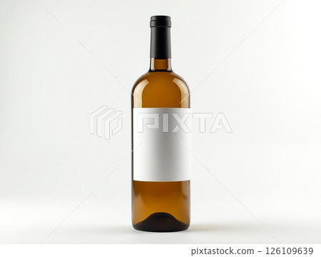 Empty brown wine bottle with blank label against a plain background in a well-lit setting Empty brown wine bottle with blank label against a plain background in a well-lit setting 126109639