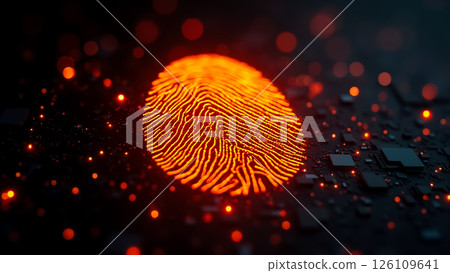 Digital fingerprint glows against a dark background filled with glowing particles and circuit-like patterns, symbolizing technology and security 126109641