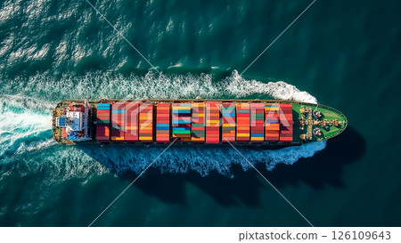Container ship navigates blue ocean waters under bright sunlight near busy port area in early afternoon 126109643
