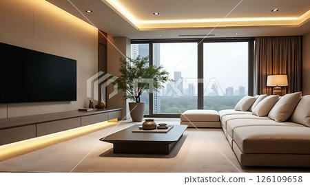 Modern living room featuring a sleek design and city skyline view in the background with natural light during the day 126109658