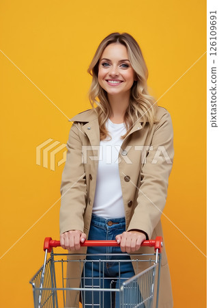 Smiling woman with shopping cart in casual outfit against bright yellow background Smiling woman with shopping cart in casual outfit against bright yellow background 126109691