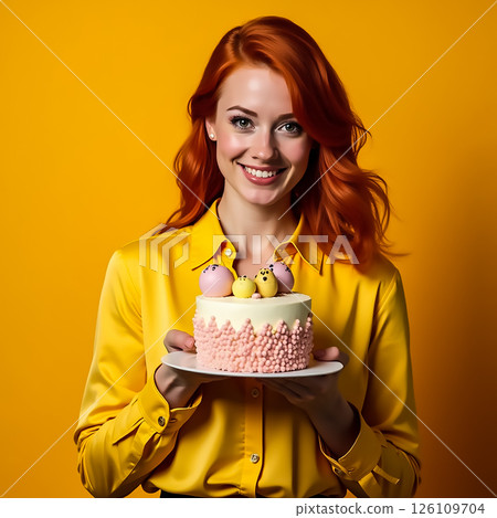 Cheerful woman holds a festive cake against a bright yellow background in a lively celebration moment 126109704