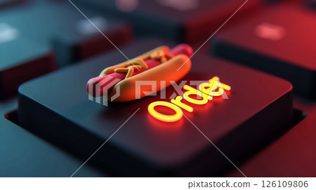 Creative keyboard design featuring a hot dog on the order key, merging technology with food culture in a playful manner Creative keyboard design featuring a hot dog on the order key, merging technology with food culture in a playful manner 126109806