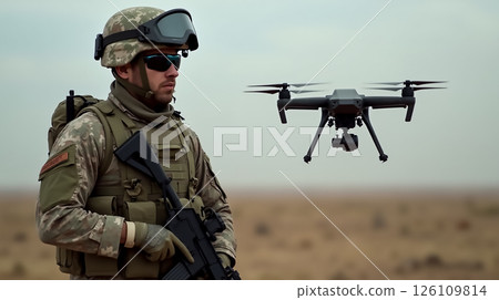 Soldier conducts drone surveillance in desert landscape during military operation in daylight Soldier conducts drone surveillance in desert landscape during military operation in daylight 126109814