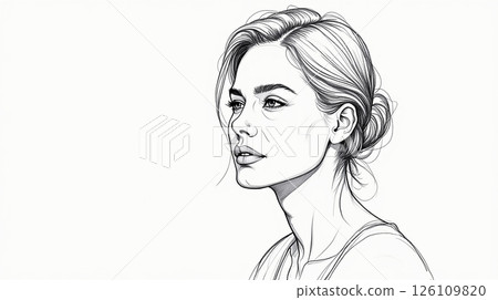 Artistic black and white sketch of a woman with a thoughtful expression and elegant hairstyle captured in profile view 126109820