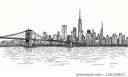 Skyline view of New York City featuring Brooklyn Bridge and One World Trade Center at dawn Skyline view of New York City featuring Brooklyn Bridge and One World Trade Center at dawn 126109821