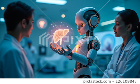 Robot presents holographic liver in futuristic medical lab with researchers observing Robot presents holographic liver in futuristic medical lab with researchers observing 126109843