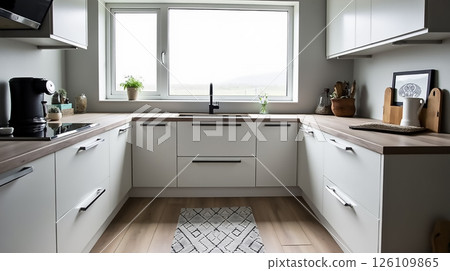 Modern kitchen interior with natural light showcasing minimalist design and stylish decor elements for contemporary living 126109865