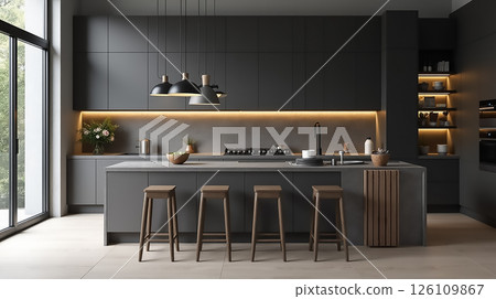 Stylish modern kitchen featuring sleek cabinetry and minimalist design with warm lighting and wooden accents 126109867