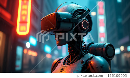 Futuristic robot explores neon-lit city streets while wearing virtual reality headset during a rainy evening 126109903