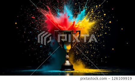 Colorful celebration with a trophy and vibrant powder splashes during a festive event Colorful celebration with a trophy and vibrant powder splashes during a festive event 126109919