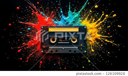 Colorful paint splashes surround a vintage cassette tape on a dark background in an artistic display of music nostalgia 126109928