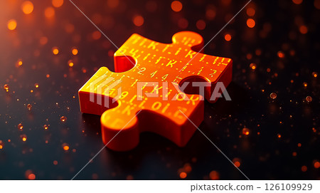 Bright orange puzzle piece with glowing numbers on dark surface creates a striking visual contrast in a surreal setting Bright orange puzzle piece with glowing numbers on dark surface creates a striking visual contrast in a surreal setting 126109929
