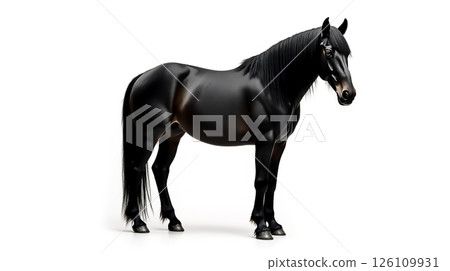 Elegant black horse standing in a minimalist studio setting with soft lighting, showcasing its graceful form and striking features 126109931