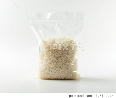White rice in a clear plastic bag ready for cooking or storage at home or in a restaurant kitchen 126109942