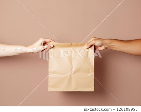 Two hands exchanging a brown paper bag against a neutral background in a close-up view 126109953