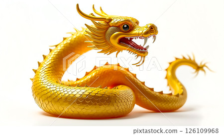 Golden dragon sculpture displayed on a white background with intricate details and vivid colors Golden dragon sculpture displayed on a white background with intricate details and vivid colors 126109968