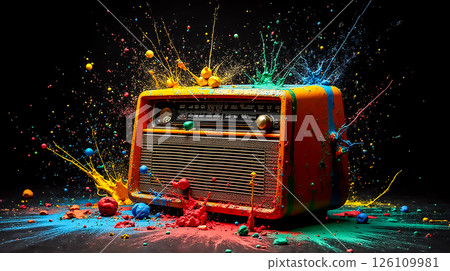 Colorful splashes surround a vintage radio during an artistic display in a studio environment 126109981
