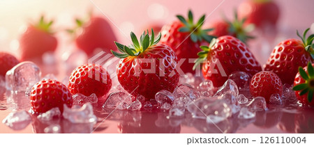 Fresh strawberries glistening on ice in a vibrant, colorful setting during a sunny afternoon 126110004