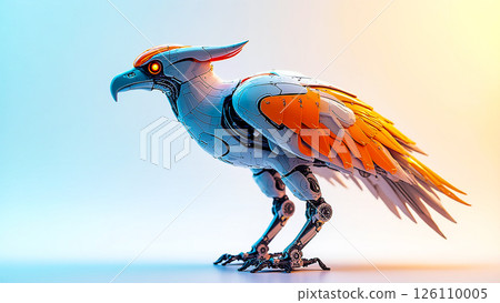 Robotic bird sculpture with intricate design and glowing eyes displayed against a vibrant background 126110005