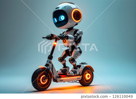 Robot child riding a scooter with glowing lights in a modern, futuristic space 126110049